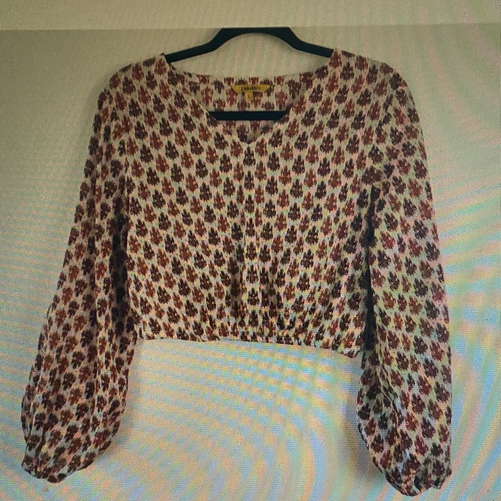 Floral Print Long Sleeve Cropped Top - Cream/Brown